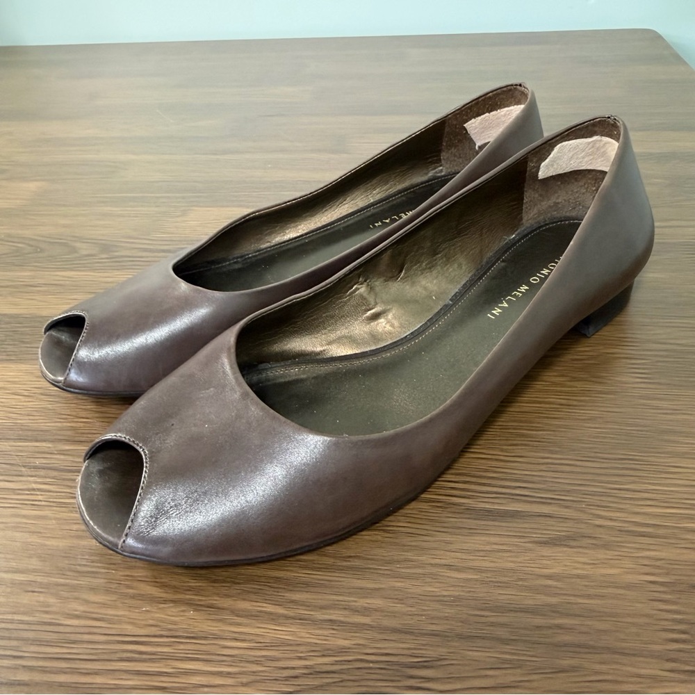 ANTONIO MELANI Dark Brown Peep-Toe Flats Size 9.5 - Picture 1 of 10